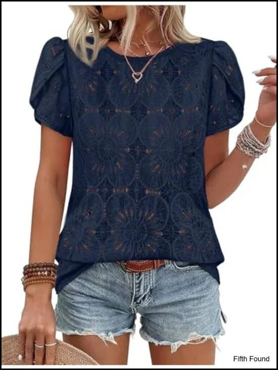 Crochet Lace Boho Blouse Petal Short Sleeve Flowy Loose Fit Tunic