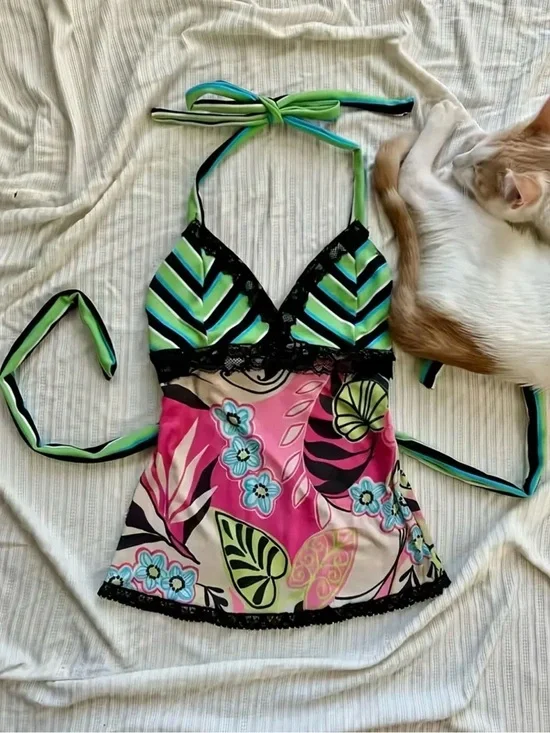 Vibrant Floral Halter Tankini Top - Green, Blue, Pink