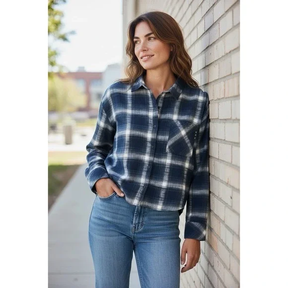 Scotch + Soda Amsterdam Women's XL Slight‎ Crop LS Flannel Shirt Blue Plaid NEW