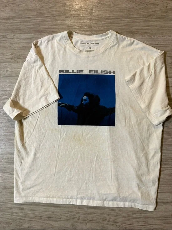 Billie Eilish White Short-Sleeve Graphic Tee with Navy Photo