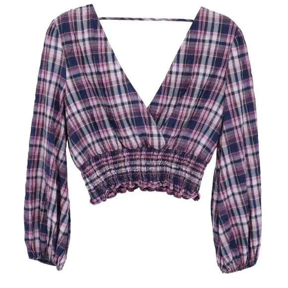 Zara Plaid Crop Top Womens S Blue Puff Sleeve Preppy Picnic Summer Resort Travel