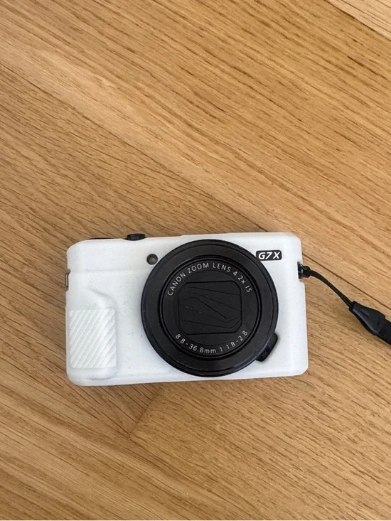 Canon G7X Mark ii with White Camera Case with Black Lens and Strap