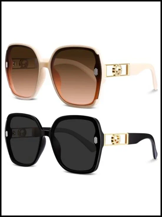 2 Pcs Retro 70s Square Sunglasses Oversized Vintage UV400 Protection