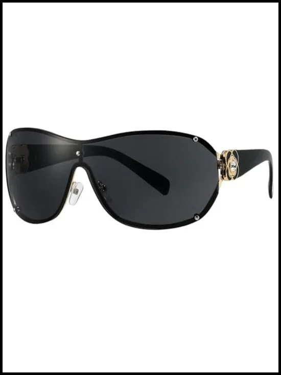 Oversized Y2K Rimless Shield Sunglasses with Rhinestone Camellia Temples UV400