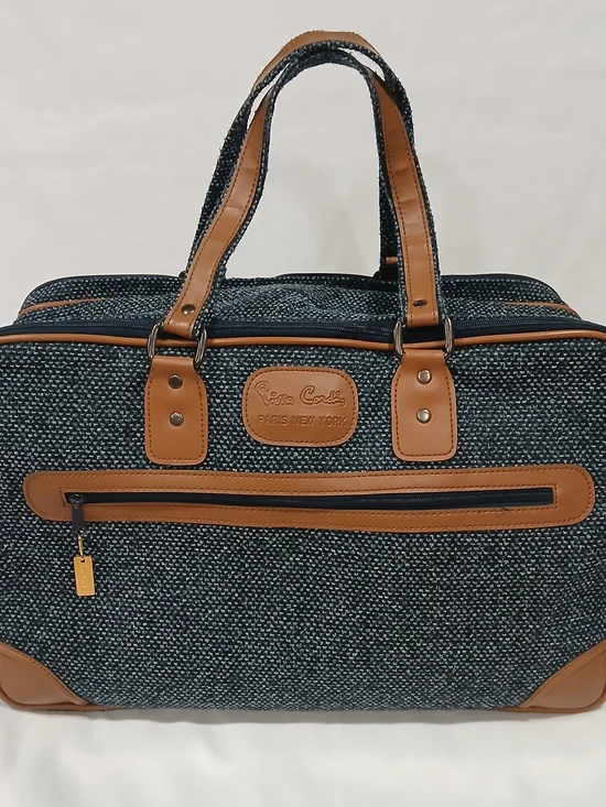 Vintage Pierre Cardin Tweed Weekender Duffel Travel Bag Blue Tan Leather Trim