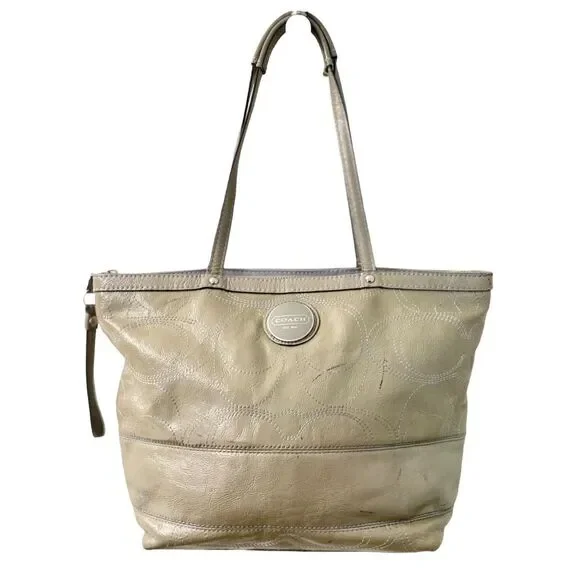 Coach Signature Stripe Patent Leather Tote Shoulder Bag Taupe Grey F15142