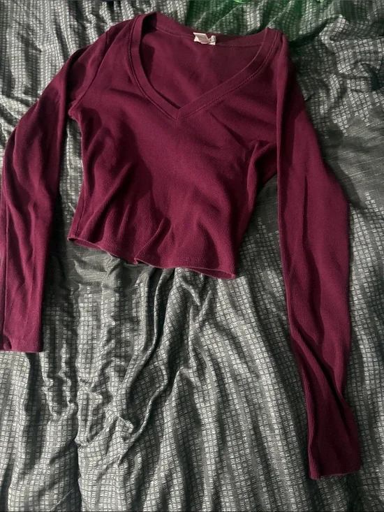 Long Sleeve V-Neck Ribbed Crop Top - Plum