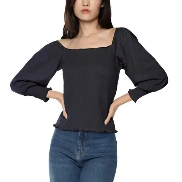 BLACK TAPE Petite Smocked Top Long Sleeve ruffled black top, size petite Large