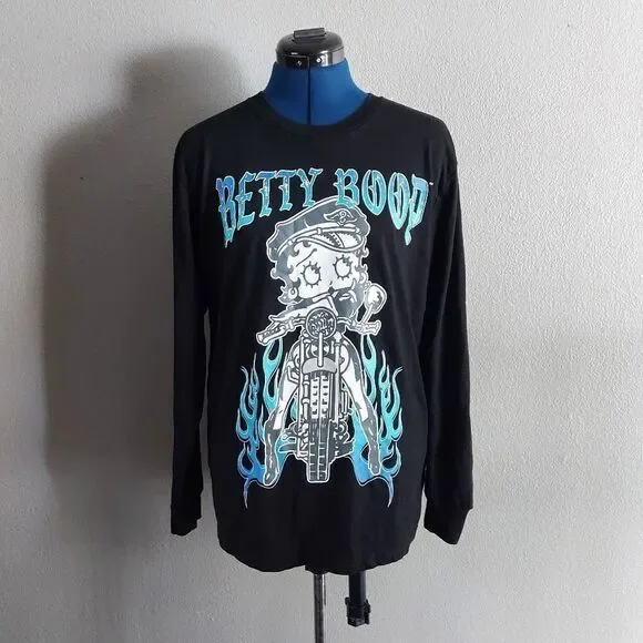 Unisex Betty Boop Blue Flame Motorcycle Long Sleeved Shirt Size Medium