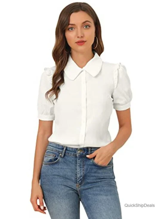 Peter Pan Collar Puff Short Sleeve Button Down Blouse Vintage Work Top