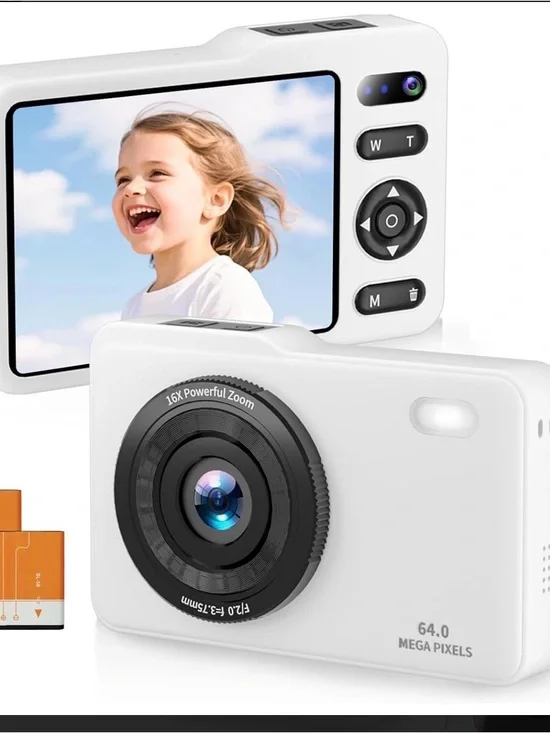 Compact 64MP White Digital Camera with 16x Zoom