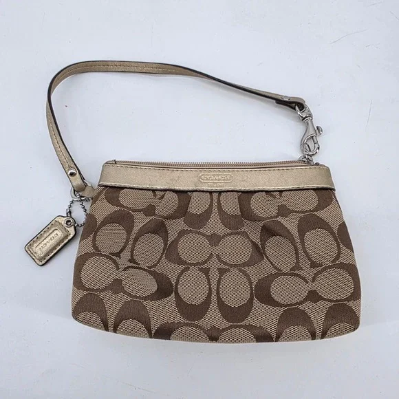 Coach Signature Canvas Metallic Gold Trim Wristlet Small Handbag Bag