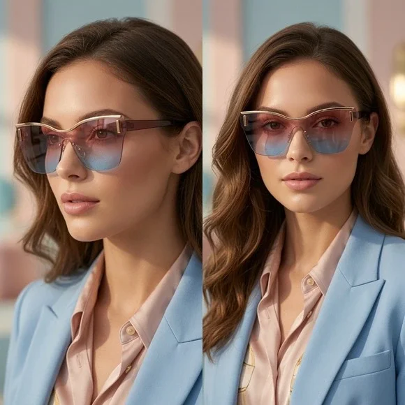 Oversized Shield Sunglasses Pink Blue Gradient Lens Rimless Gold Trim Butterfly