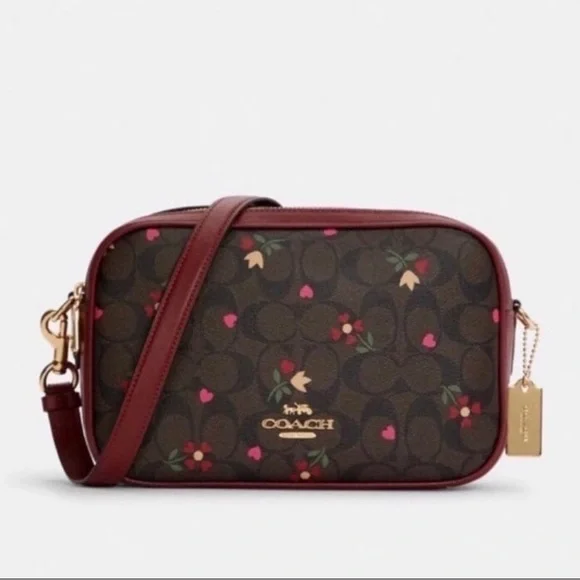 Coach Jes Red Leather Crossbody In Signature Canvas With Heart Petal Print