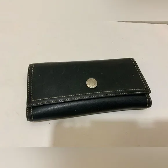 COACH Black Leather Trifold Wallet Clutch Button Snap 4”x8”