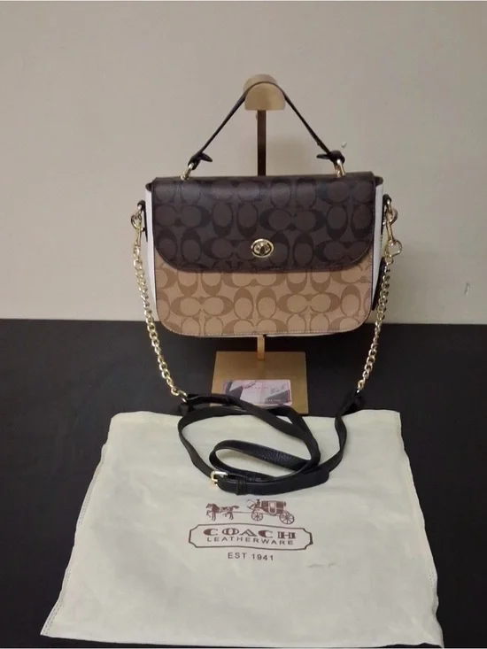 Coach Two-Tone Signature Gold Chain Turn-lock Crossbody Bag Brown & Tan NWT