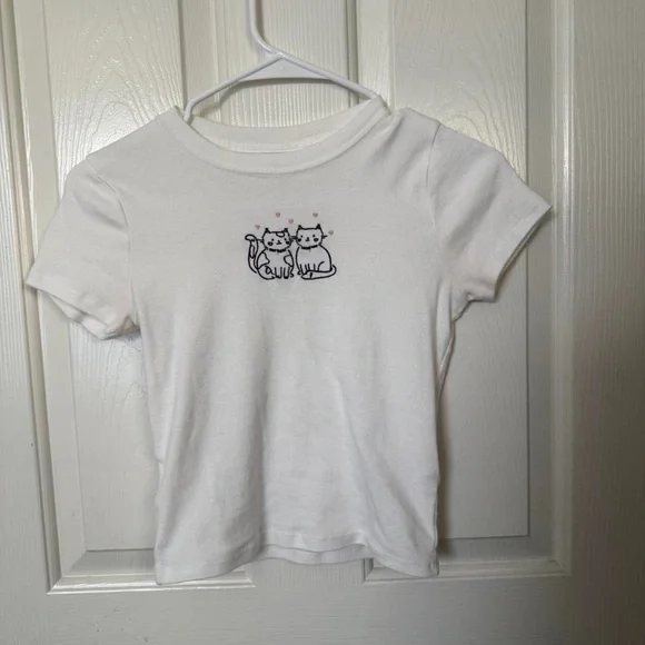 Girls' White Short Sleeve Tee with Cat Graphic