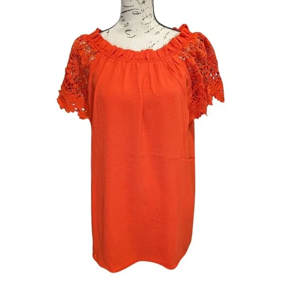 Davi & Dani Tomato Red Ruffled Neck Blouse with Crochet Lace Sleeves- Size Small