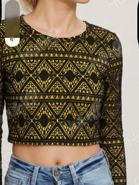 Zara Black and Gold Geometric Lace Crop Top