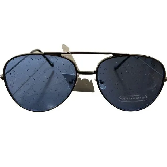 Womens new black frame blue glitter lens sunglasses aviator