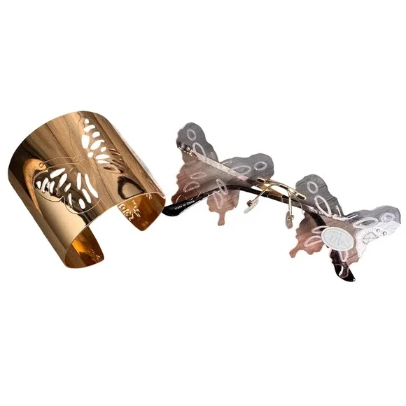 Festival‎ Butterfly Rimless Y2K Sunglasses and Gold Butterfly Cuff Bracelet