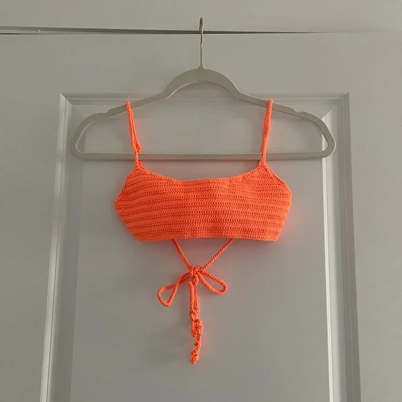 SKIMS Crochet Bikini Top Neon Strappy Beachy Washed Look Tie On Bandeau