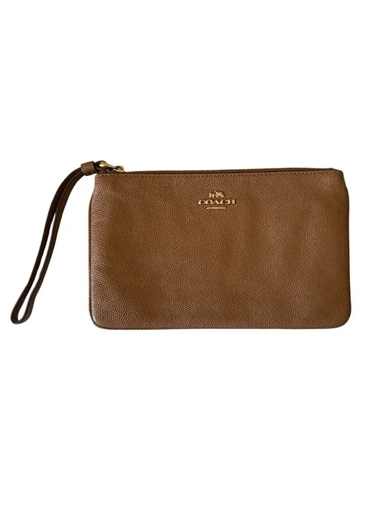 Coach Pebbled Leather Wristlet in Saddle Brown with Gold Logo