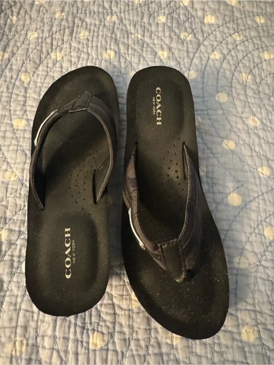 Coach Black  Logo W Silver Plate Flip Flops