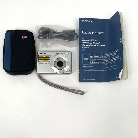 Sony Cyber-shot DSC-S730 Digital Camera 7.2MP Silver Manual Case USB Cable WORKS