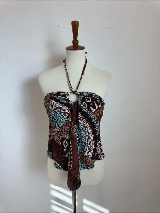Y2K Venus Strapless Halter swimsuit Top with Ring Detail - Brown & Teal Print