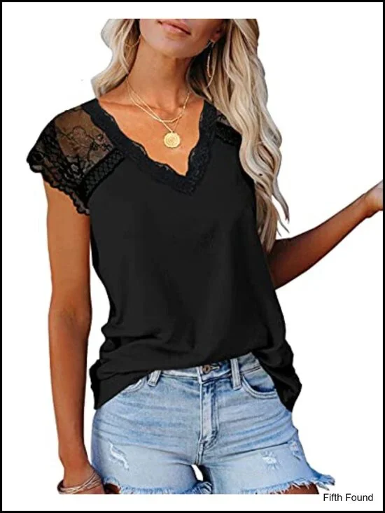 Crochet Lace V-Neck T-Shirt Short Sleeve Loose Fit Tunic Tank