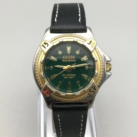 Vintage Guess Waterpro 1989 Womens Watch 30mm Green Dial Leather New Battery