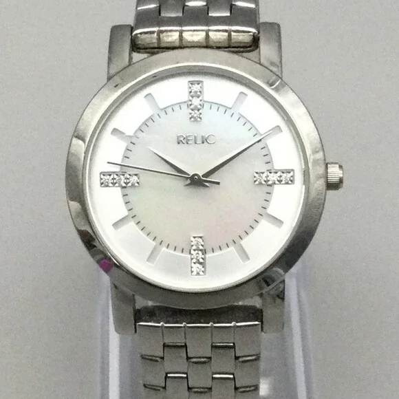 Relic Womens Watch 32mm MOP Crystals Silver Tone Bracelet New Battery 6.5