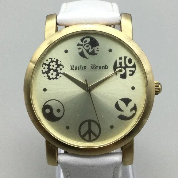 Lucky Brand Womens Watch 40mm White Leather Peace Love Hope 161235 New Battery