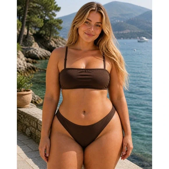SKIMS Shaping Swim Set Bandeau Top + Dipped Bikini Bottom Cocoa 3X
