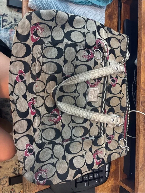 Coach Signature Poppy Large Canvas Tote in Khaki and Black with Pink Accents