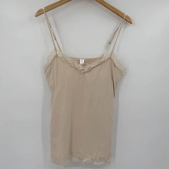 Womens Y2K Cami Tank Top 2XL Beige Lace Trim‎ Built In Bra Stretch Coquette