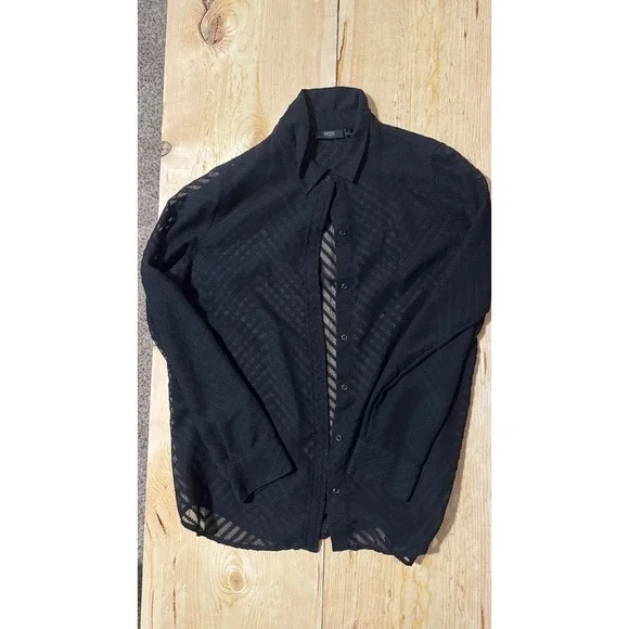 Apt 9 Essentials Womens‎ Black Sheer Chevron Mesh Button Up Blouse Medium