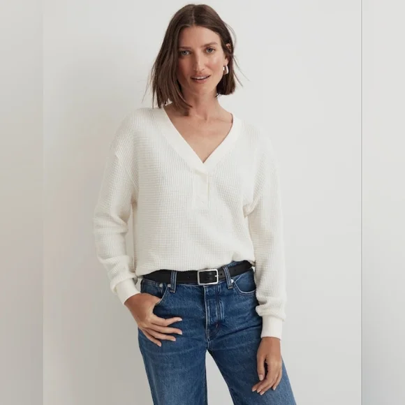 Madewell Classic Brushed Waffle Knit V-neck Long Sleeve Top In Antique Cream XL