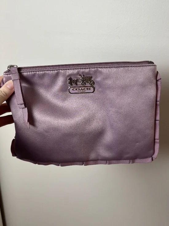 Purple satin Coach cosmetic case/clutch with ruffles