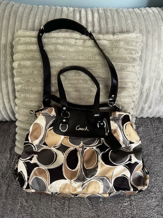 Coach Beige, Black & Cream Signature Circle Tote with Patent Trim