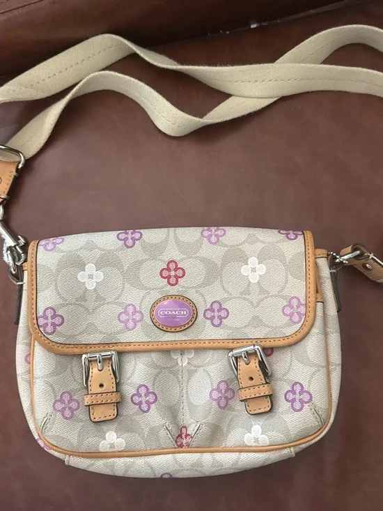 Coach Beige Canvas Crossbody with Purple and Red Floral Accents