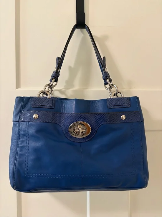 Coach Penelope Cobalt Blue Leather Tote Bag Snakeskin Trim EUC