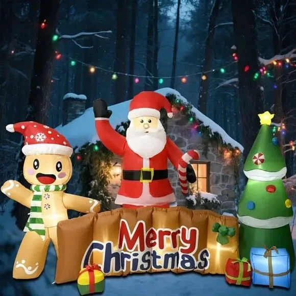 6' x 10' Merry Christmas Inflatable Banner Santa, Xmas Tree and Gingerbread Man