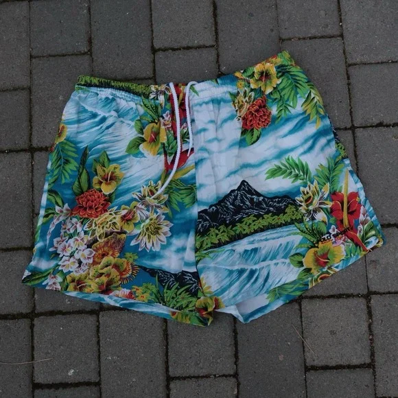 VTG Polo Sport Ralph Lauren Board Shorts Swim Mens Hawaiian All Over Print Sz XL