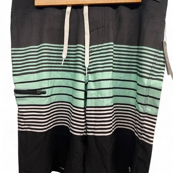 ONeill Barrage Mens Board Shorts Black Mint Green Striped Swim Trunks SP8106116X