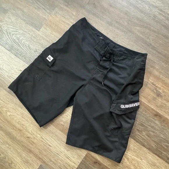 Quicksilver Black Cargo Board Shorts Swim Trunks Mens‎ Surfer Skater