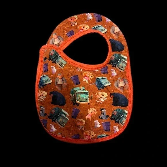 Handmade Trash Truck Animated Series Character Print Bib Orange‎ Snap Closure