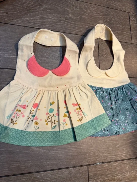 Kids Floral Bibs  baby girl - Cream with Pink and Teal Accents 2 bibs