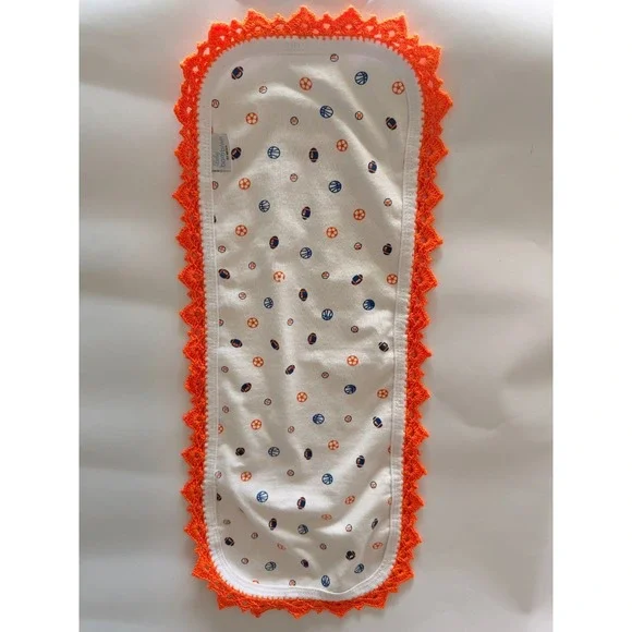 Sports Baby Burp Cloth Handmade Orange Crochet Trim | Contoured Navy & Orange